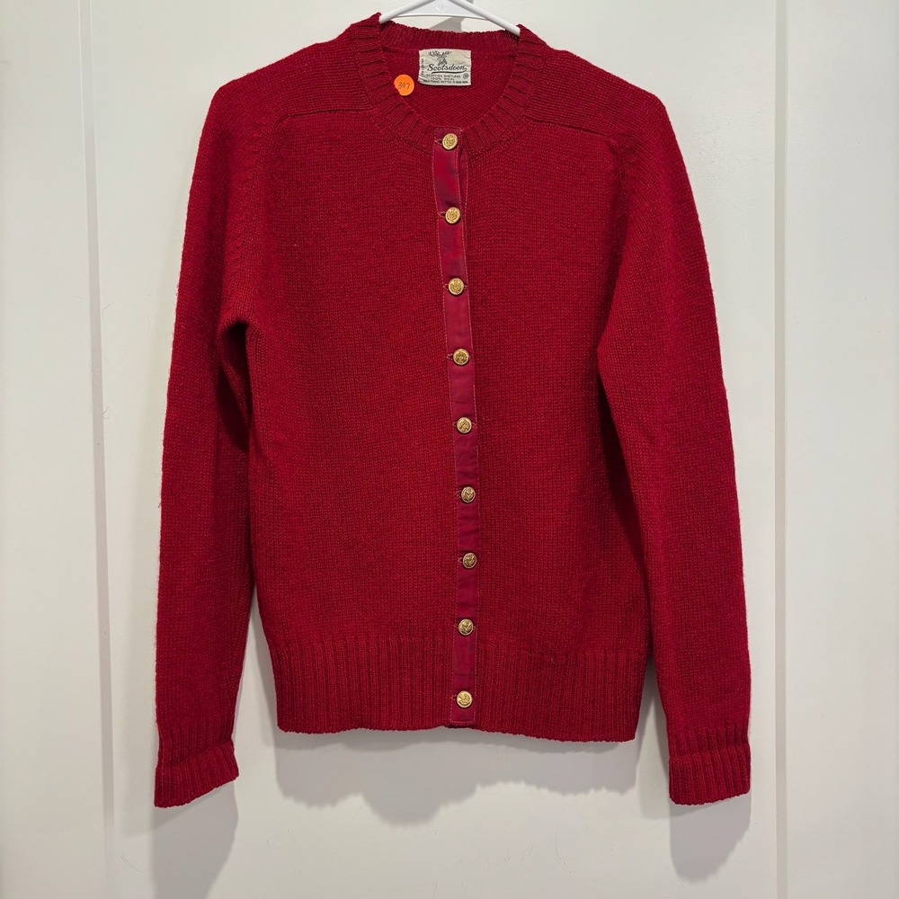 Scotsdoon Vintage Red Scottish Shetland Wool Cardigan Sweater Gold Buttons 38
